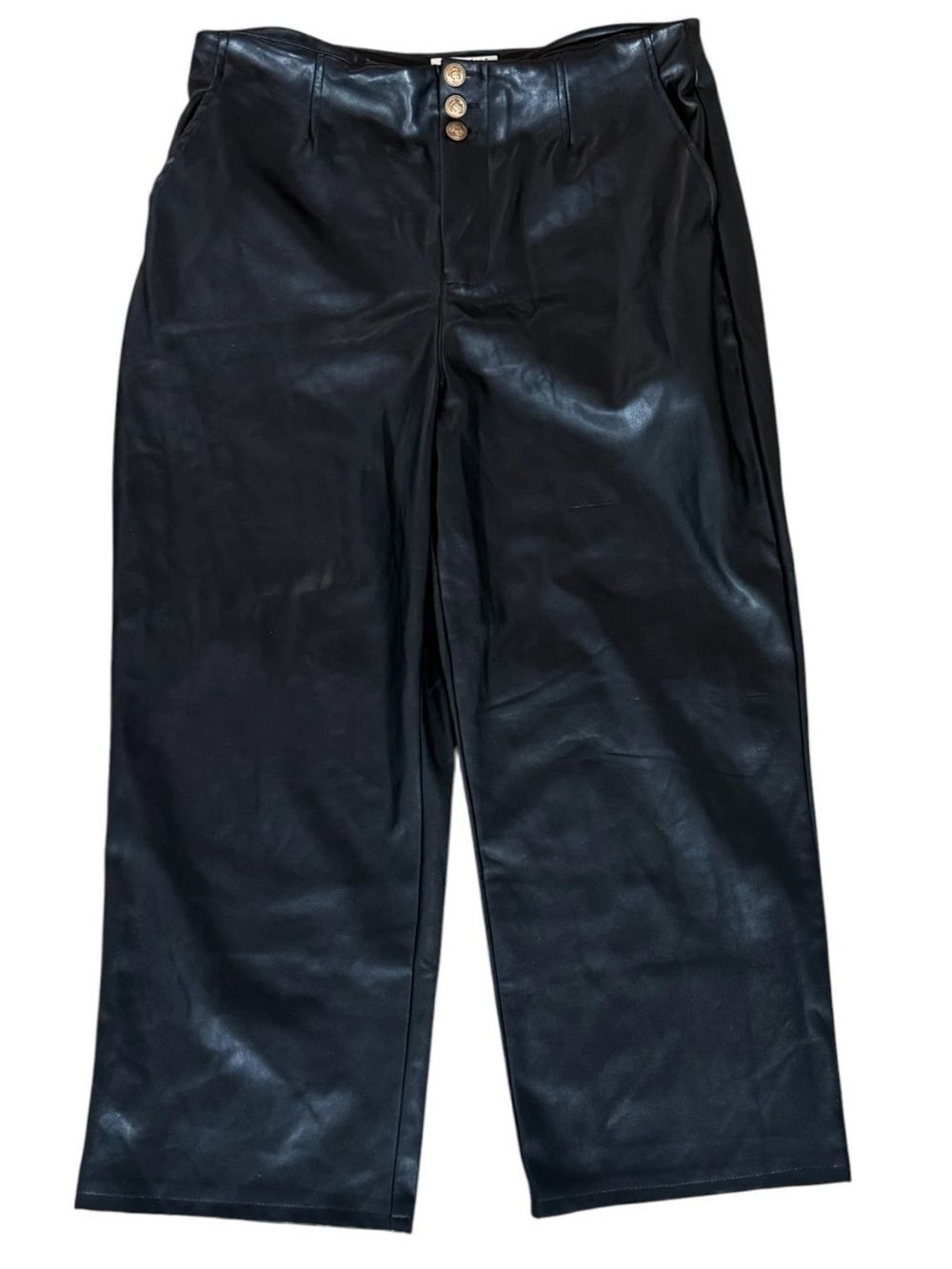 Bagatelle Collection Leather Style Wide Black Cropped Pants Gold Buttons. Large.